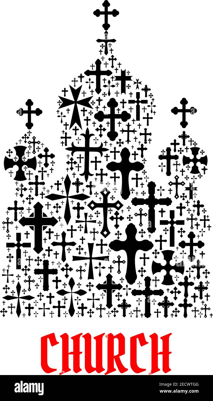 Icona della Chiesa. Religione cristianesimo croce simboli a forma di tempio, monastero per emblema decorazione religiosa e elementi di design Illustrazione Vettoriale