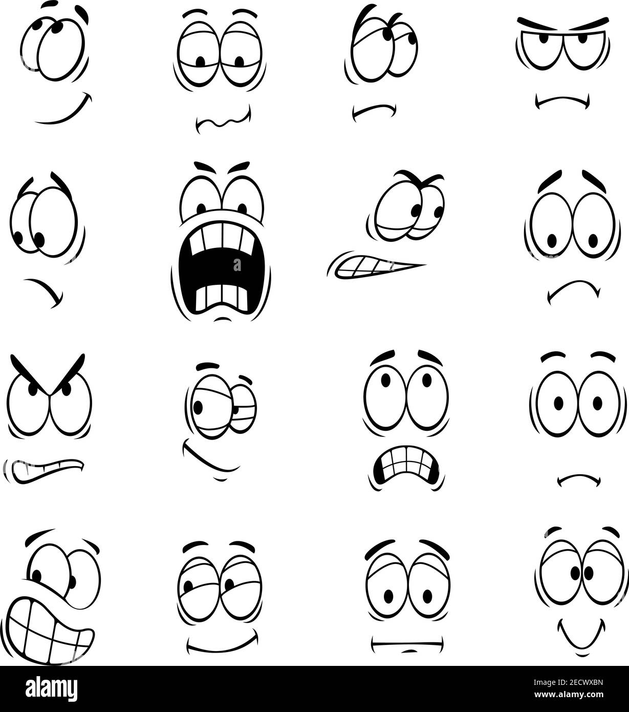 Occhi fumetti umani con espressioni ed emozioni del volto. Icone simpatico sorrisi per emoticon. Elementi emoji vettoriali sorridenti, felici, sorpresi, tristi, arrabbiati, m Illustrazione Vettoriale