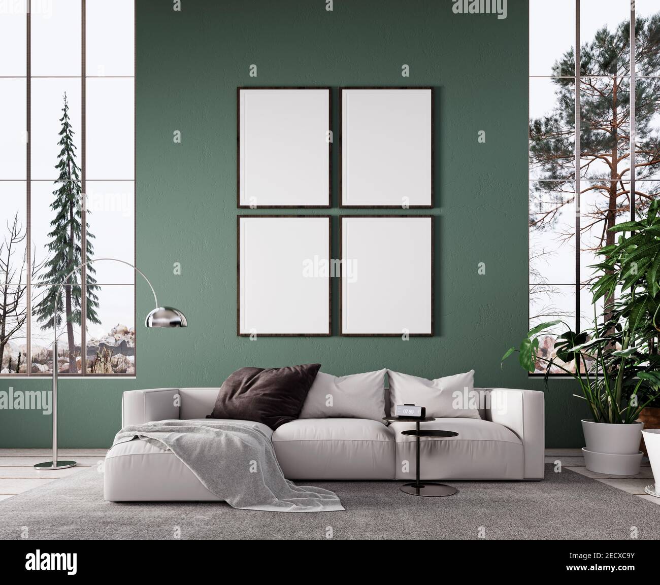 Interni dal design moderno con pareti verdi e vuoti Rendering 3D con cornice bianca Foto Stock