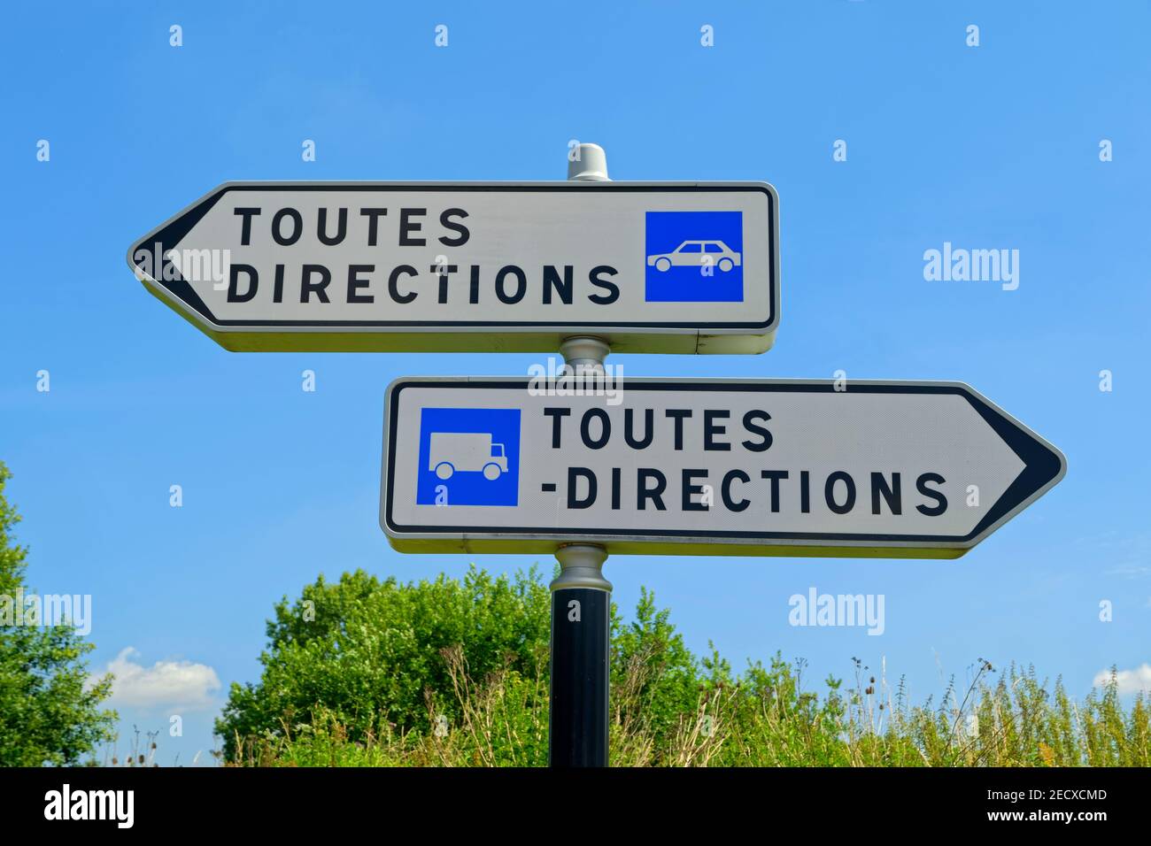 Il francese "Toutes Directions" doppio signpost. Foto Stock