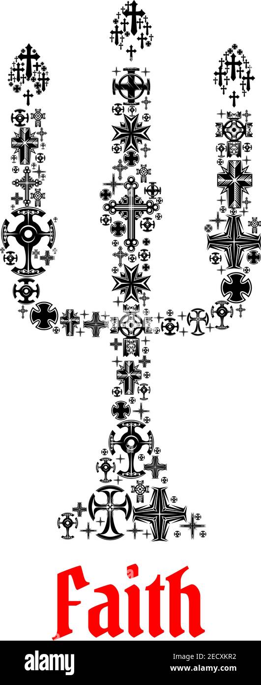 Icona Faith. Religione cristianesimo croce simboli in forma di chiesa candelabro per emblema decorazione religiosa e elementi di design Illustrazione Vettoriale
