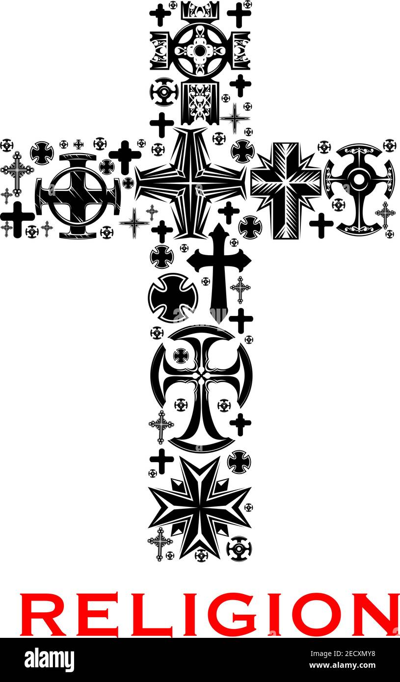 Croce nera, composta da simboli religiosi cristiani, celt, cattolici e ortodossi, croci e crocifissi. Religione, chiesa e temi di fede Illustrazione Vettoriale