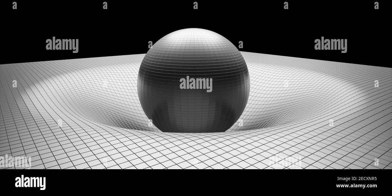 Visualizzazione 3D della distorsione di gravità, oggetti fisici in orbita, spazio, teoria generale della relatività, legge della gravitazione universale, scientifica Foto Stock