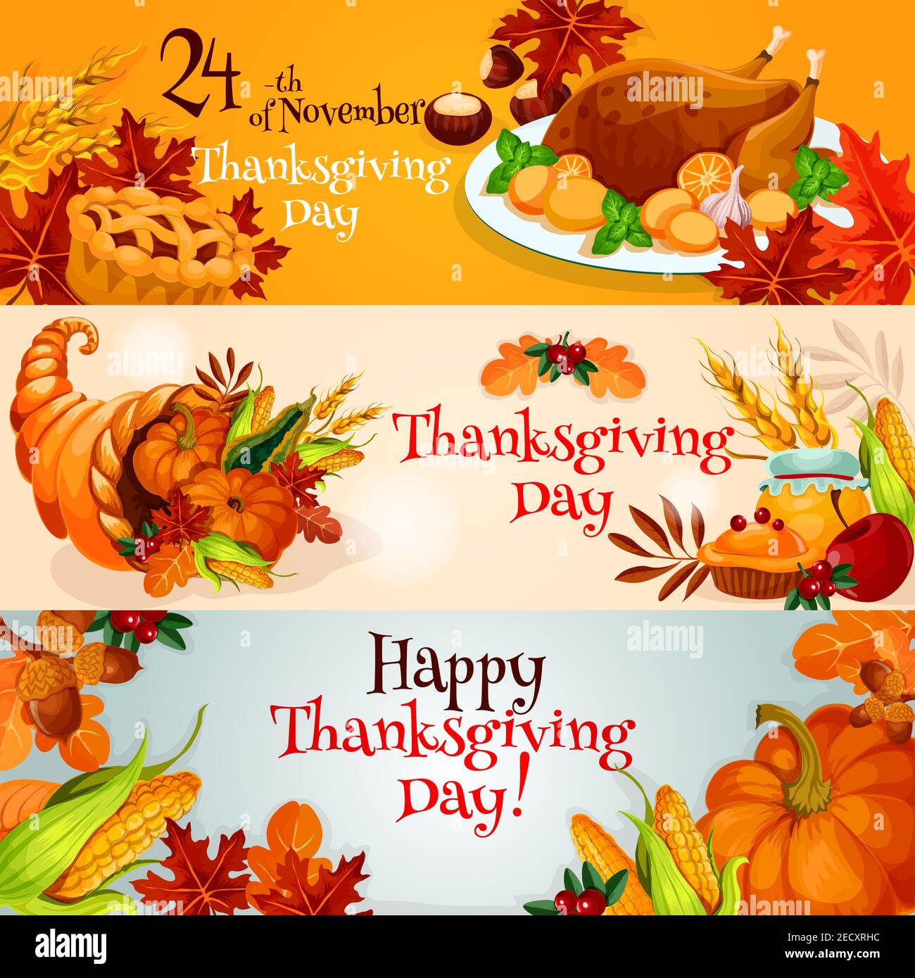 Buon giorno del Ringraziamento. Striscioni vettoriali con tavola tradizionale abbondante cibo, tacchino arrosto con verdure, cornucopia con zucche di raccolta, frutta Illustrazione Vettoriale