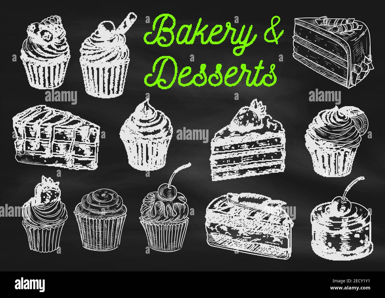 Panetteria e dessert icone di schizzo di gesso sulla lavagna. Cupcake vettoriale isolato con fragola, torta al cioccolato con mirtillo, muffin cremosi, crostata con Illustrazione Vettoriale