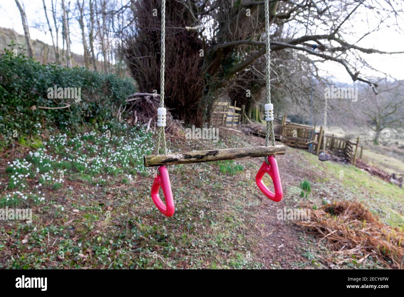 Il giardino vuoto swing in inverno durante il covid 19 blocco pandemico quando i bambini incapaci di visitare i nonni nel Galles del Carmarthenshire UK. KATHY DEWITT Foto Stock