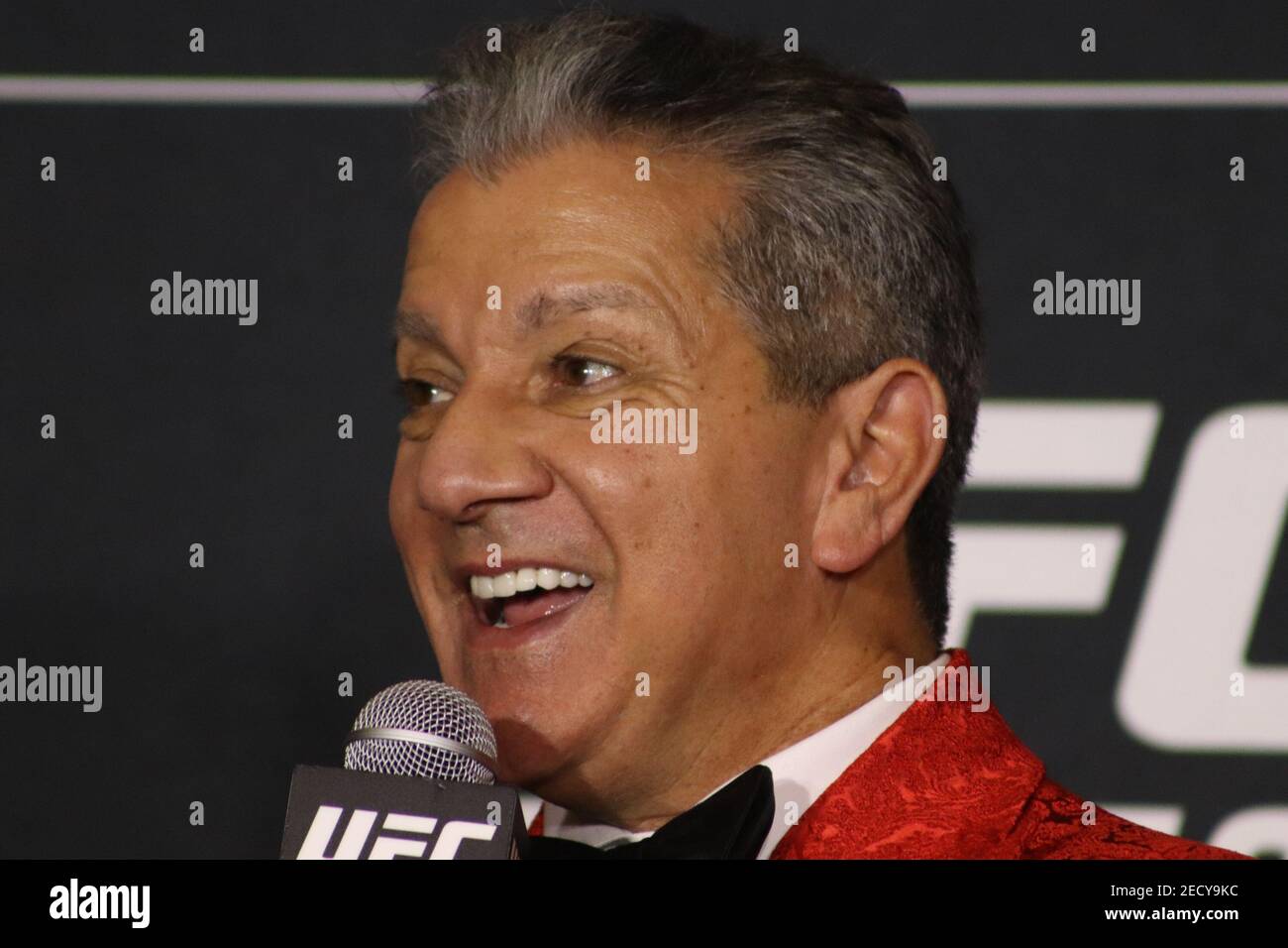 13 febbraio 2021, Las Vegas, Nevada, Las Vegas, NV, Stati Uniti: Las Vegas, NV - 13 febbraio: Bruce buffer interagisce con i media dopo l'evento UFC 258 all'UFC Apex il 13 febbraio 2021 a Las Vegas, Nevada, Stati Uniti. (Immagine di credito: © Diego Ribas/PX Imagens via ZUMA Wire) Foto Stock