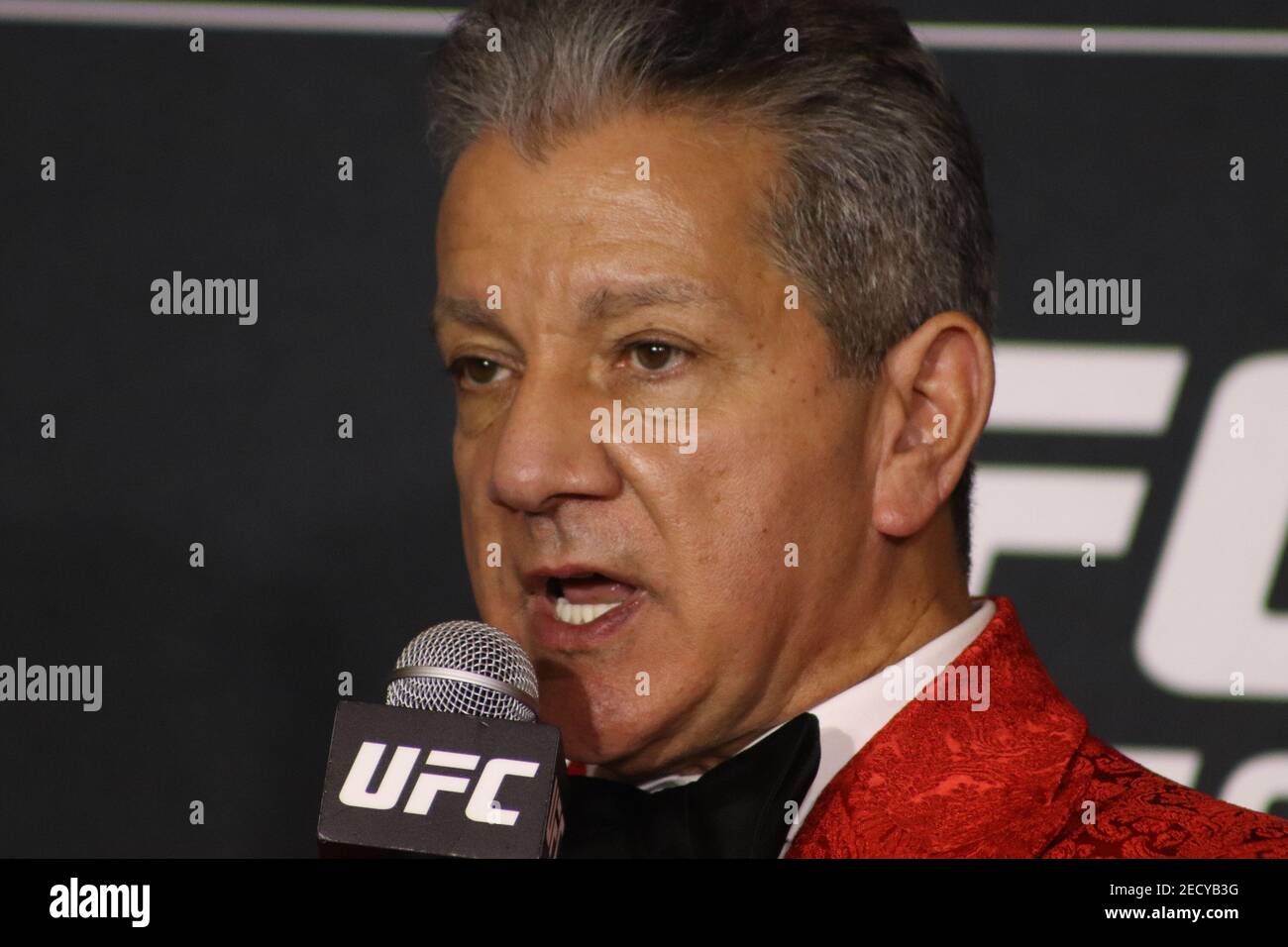 Las Vegas, Nevada, Las Vegas, NV, Stati Uniti. 13 Feb 2021. Las Vegas, NV - Febbraio 13: Bruce buffer interagisce con i media dopo l'evento UFC 258 all'UFC Apex il 13 febbraio 2021 a Las Vegas, Nevada, Stati Uniti. Credit: Diego Ribas/PX Imagens/ZUMA Wire/Alamy Live News Foto Stock