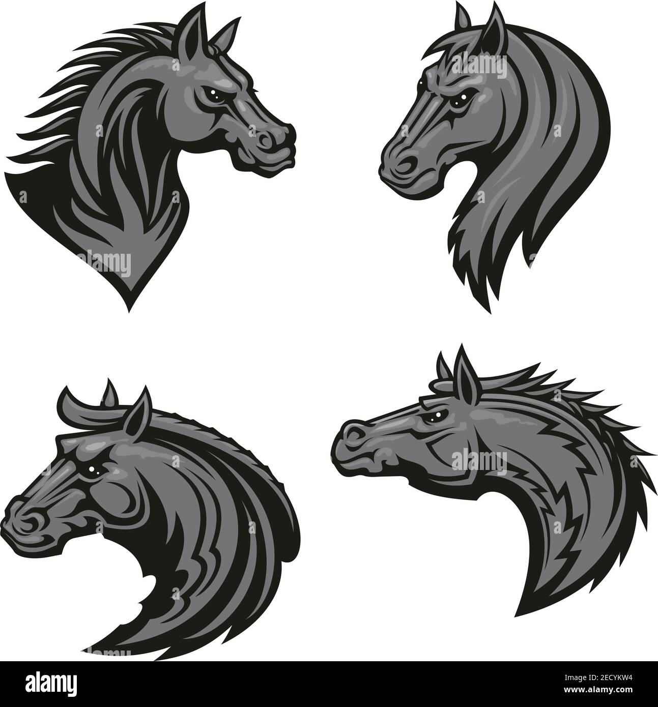 Set di emblemi araldici con testa a cavallo. Icone stilizzate di stallone per club sportivo, badge di squadra, etichetta, tatuaggio. Testa di Mustang con manna spugnosa e loo audace Illustrazione Vettoriale