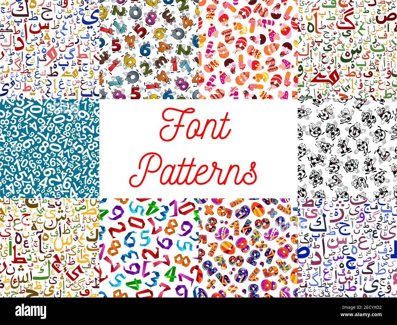 Lettere e numeri modelli senza giunture insieme con caratteri calligrafici arabi e divertenti cartoni animati composto da palla di calcio, torta di compleanno e origa Illustrazione Vettoriale