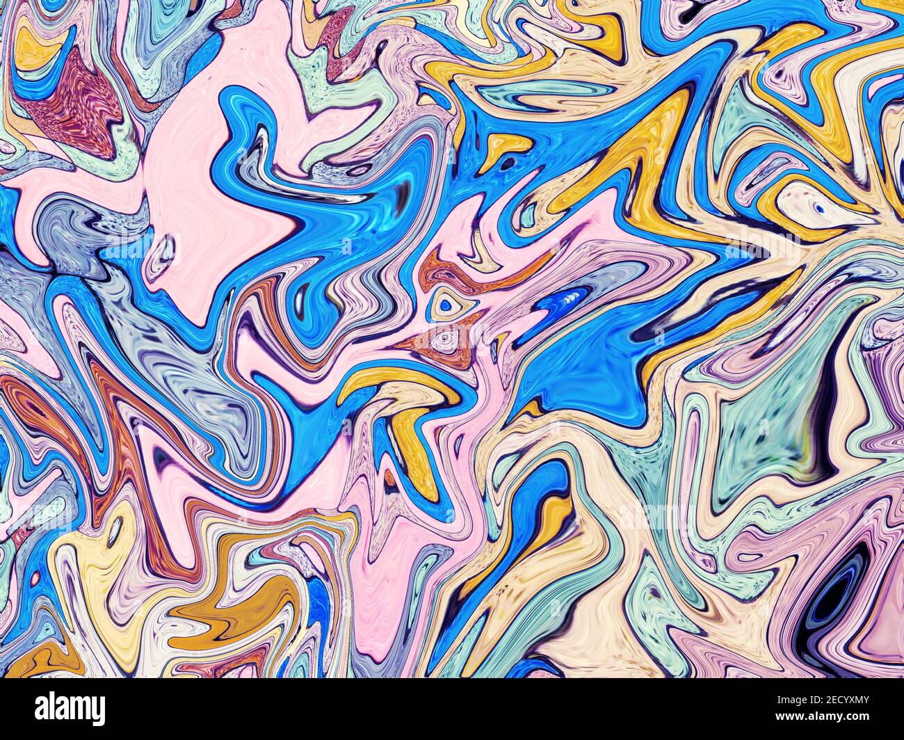 Marbling digitale con tavolozza di colori pastello. Marmo sfondo astratto. Suminagashi color caramella per un invito alla festa o un design festivo. Multicolo Foto Stock