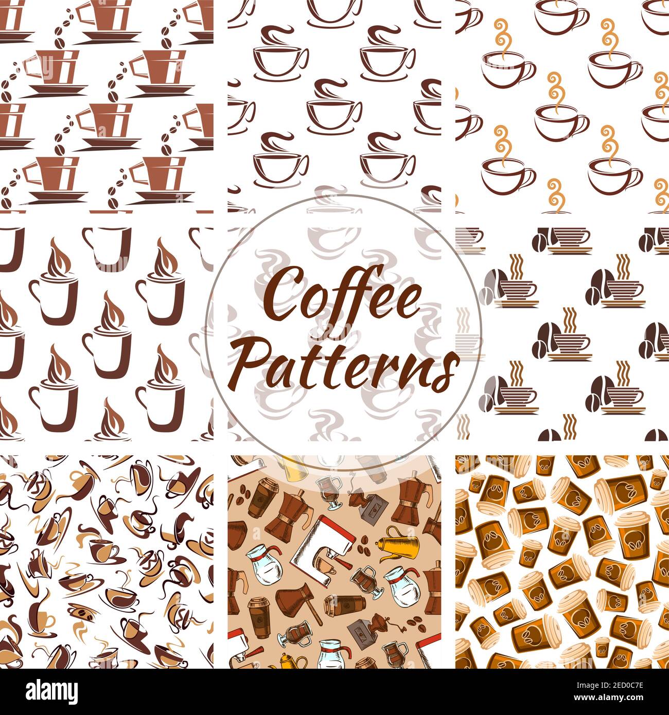 Set di motivi senza cuciture per il caffè. Modello vettoriale di tazze di caffè calde, chicchi di caffè, macchine per il caffè. Elementi di design della decorazione del caffè Illustrazione Vettoriale