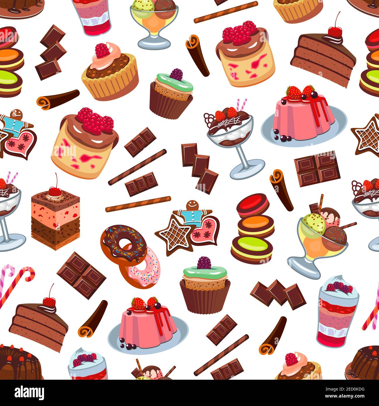 Torte e dolci pasticceria dal motivo senza cuciture. Modello vettoriale di cupcake di cioccolato dolciario, torte di biscotto, muffin, panna montata, fragola Illustrazione Vettoriale