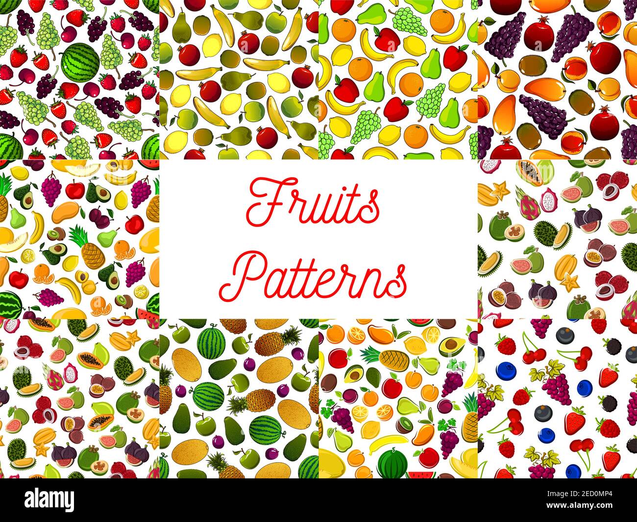 Set di patterns di frutti freschi maturi e bacche. Modello vettoriale di giardino, foresta, cocomero topico ed esotico, fragola e melograno, ciliegia e. Illustrazione Vettoriale