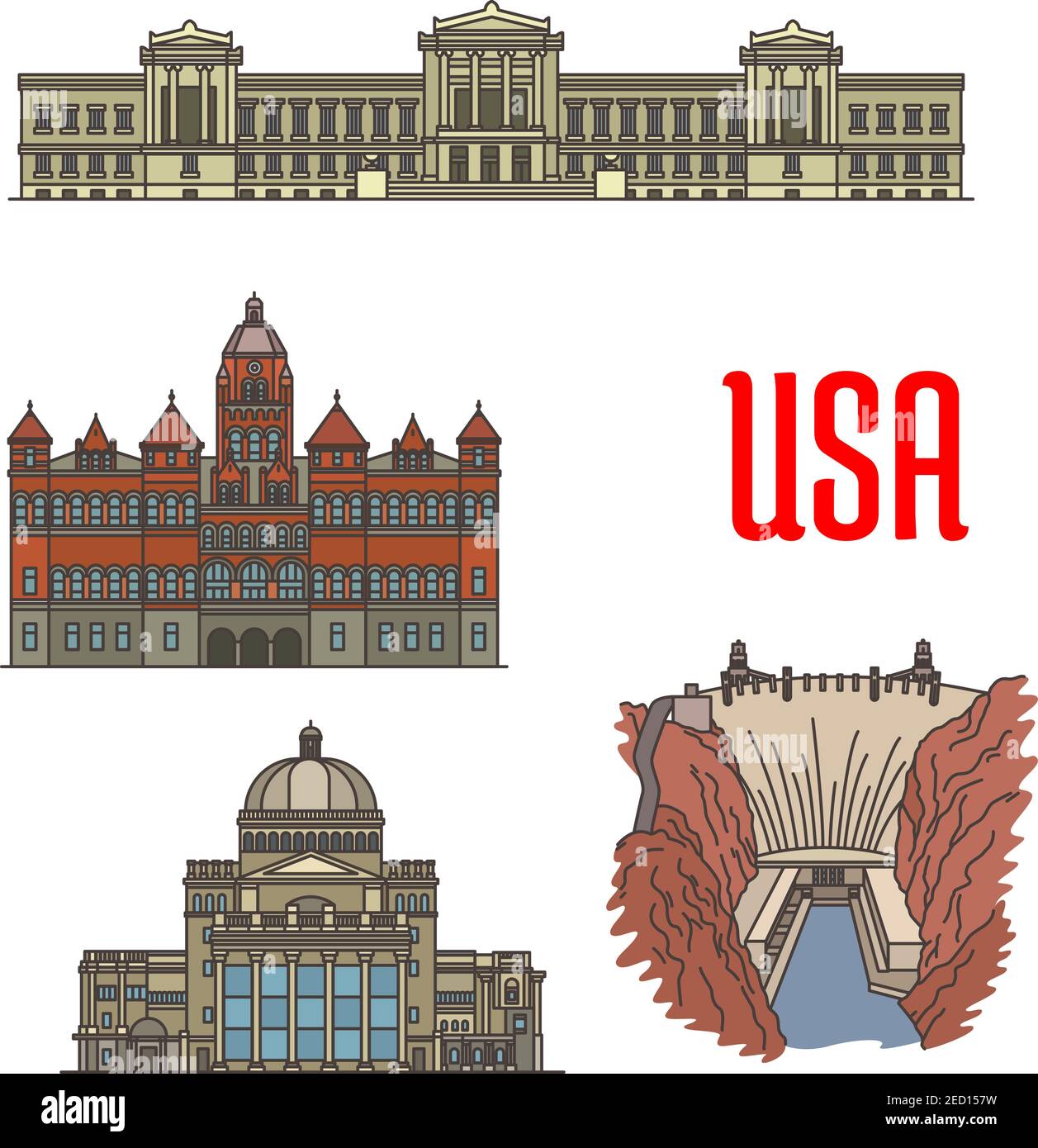 US Boston Museum of fine Arts, Old Red Museum of Dallas, la prima chiesa di Cristo, scienziato, Hoover Dam. Famose e famose attrazioni turistiche degli Stati Uniti. Illustrazione Vettoriale