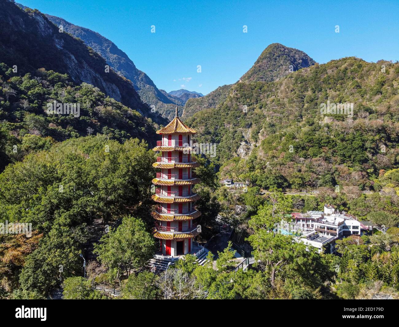 Aereo della Pagoda di Tianfeng e dell'area ricreativa di Tianxiang, del Parco Nazionale di Taroko, della contea di Hualien, di Taiwan, di Xibin, della contea di Hualien, di Taiwan Foto Stock