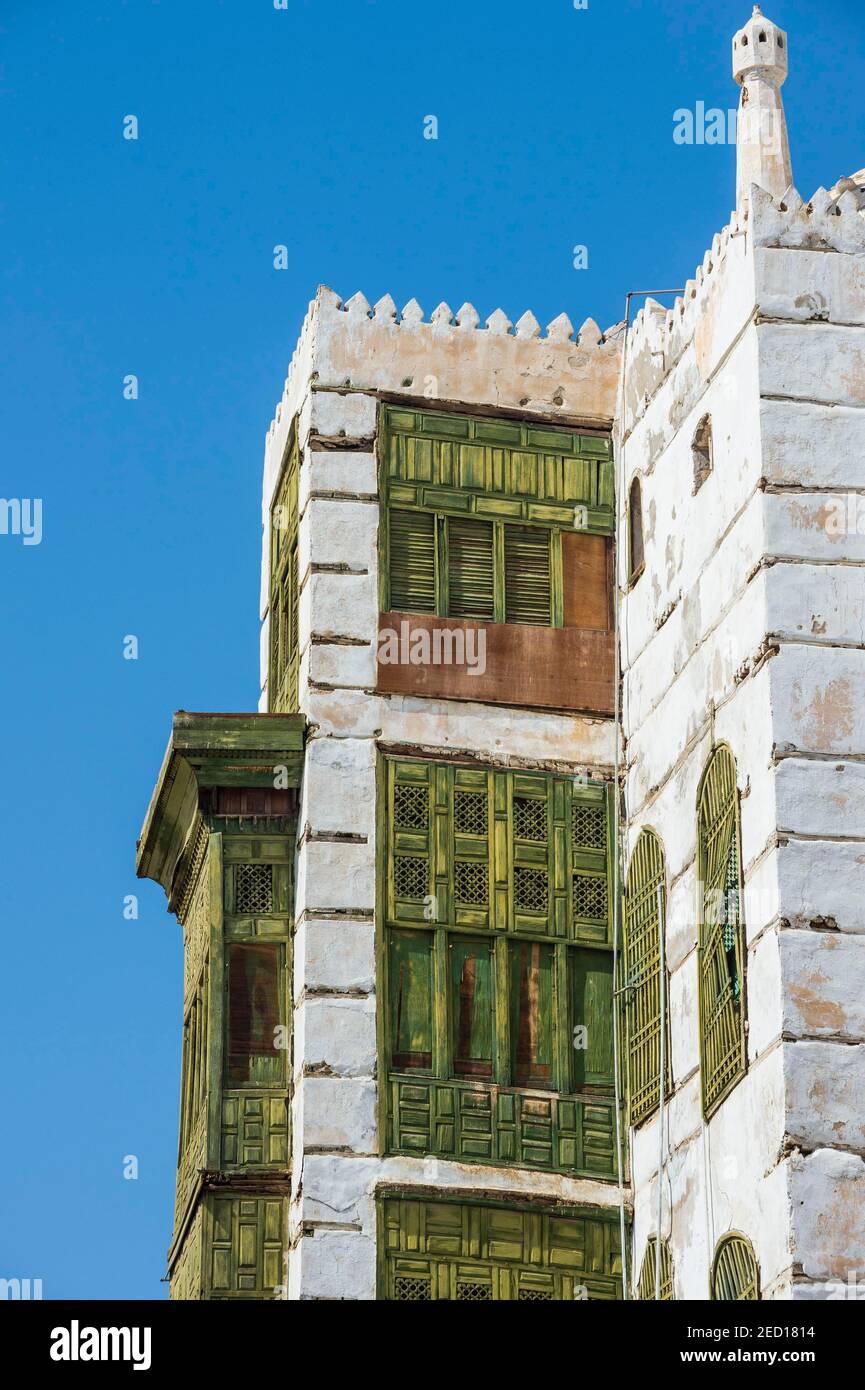 Case tradizionali nel centro storico di Jeddah, Arabia Saudita Foto Stock
