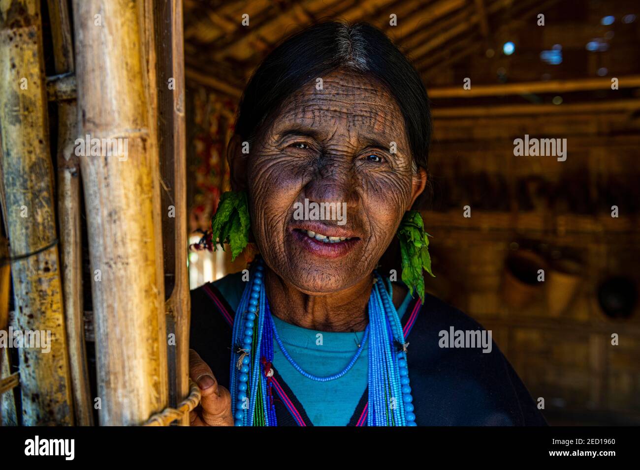 Donna di mento con tatuaggio spiderweb, kanpelet, stato Chin, Myanmar Foto Stock