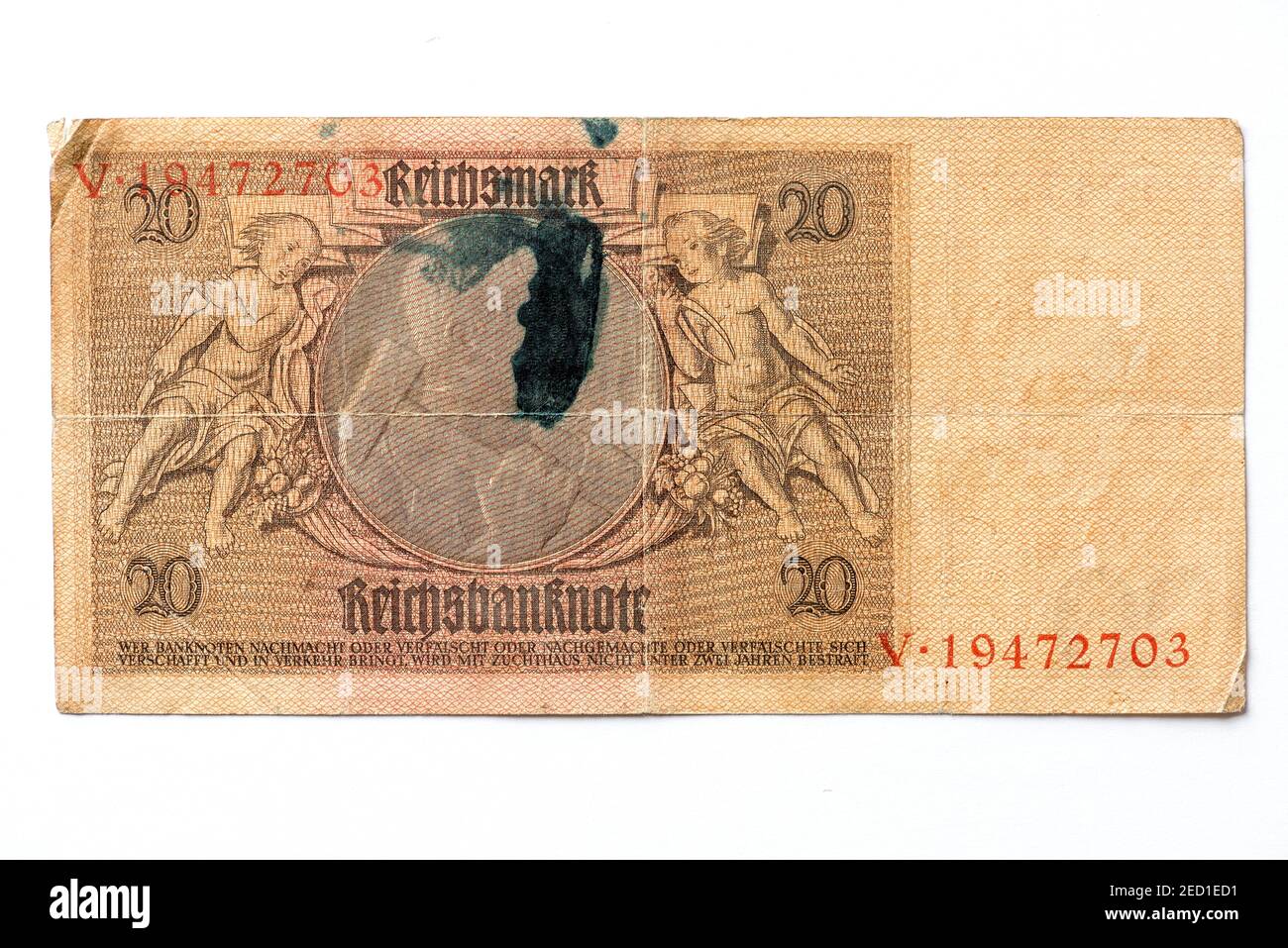 Banconota da oltre venti marchi, Reichsmark, 20 RM, retro con inchiostro macchiato, Reichsbanconota da 1929, Repubblica di Weimar, Germania Foto Stock