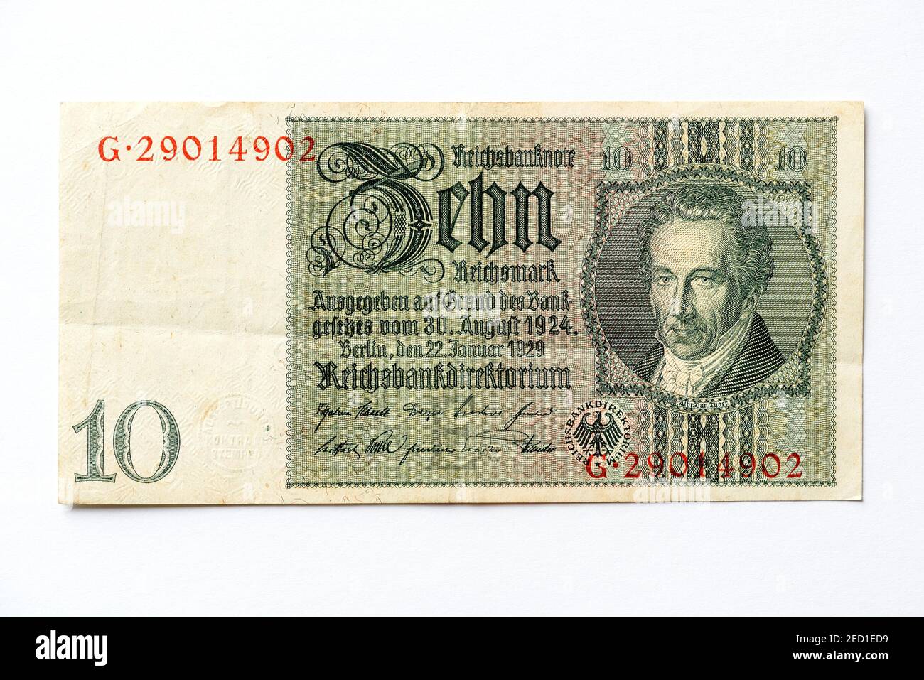 Banconota da dieci marchi, Reichsmark, 10 RM, in rovina con effigie di Albrecht Daniel Thaler, Reichsbanconota dal 1929, Repubblica di Weimar, Germania Foto Stock