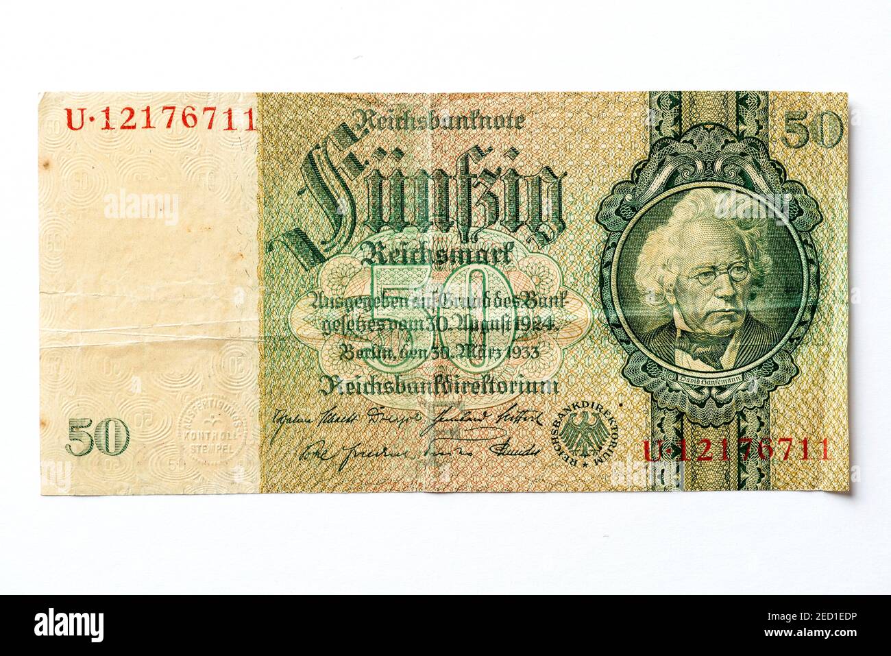 Banconota da oltre cinquanta marchi, Reichsmark, 50 RM, Obverso con l'immagine di David Hansemann, Reichsbanconota dall'inizio del 1933, Repubblica di Weimar, Germania Foto Stock