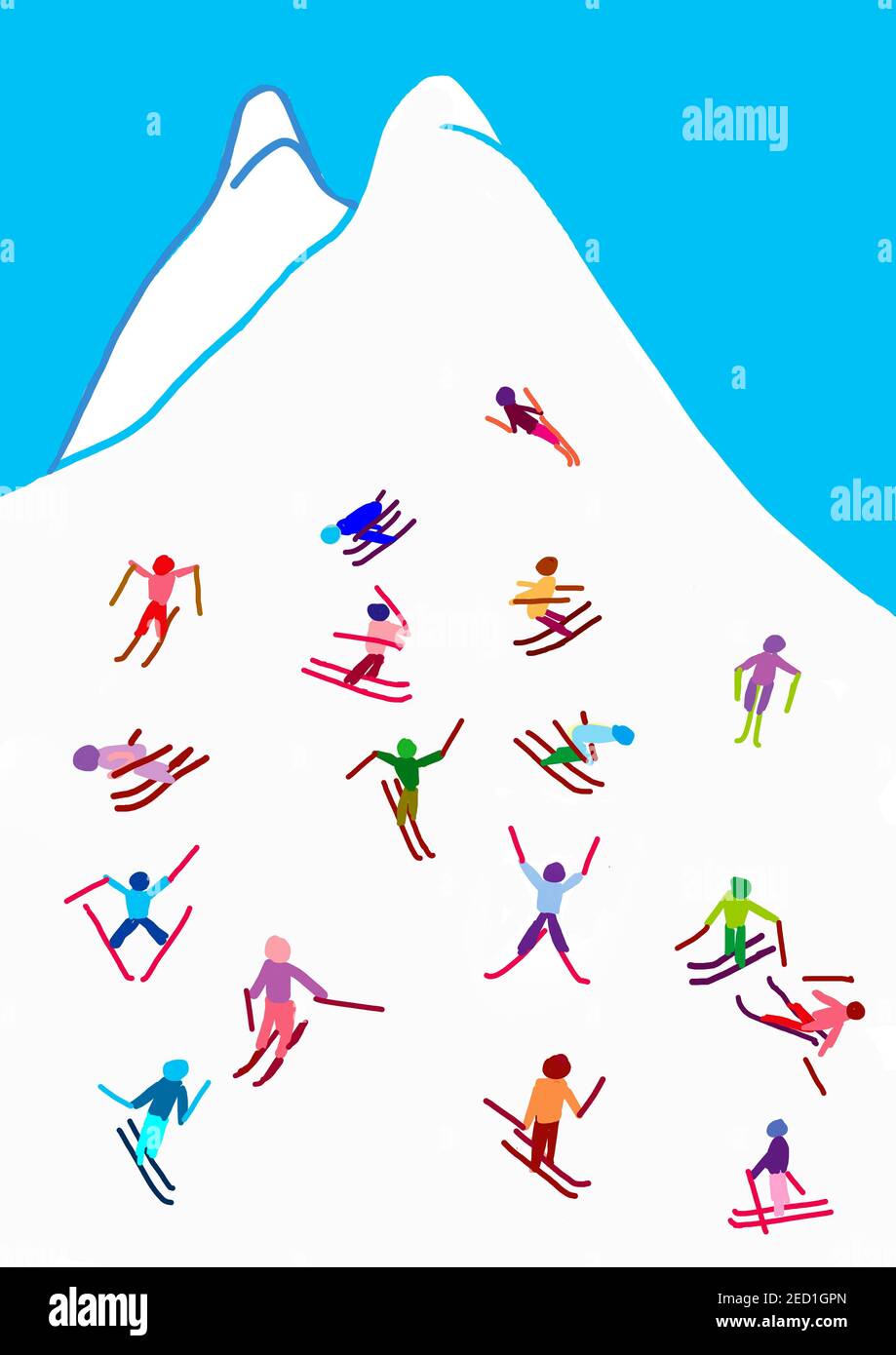 Illustrazione ingenua, disegno per bambini, sciatore sul pendio, sport invernali Foto Stock