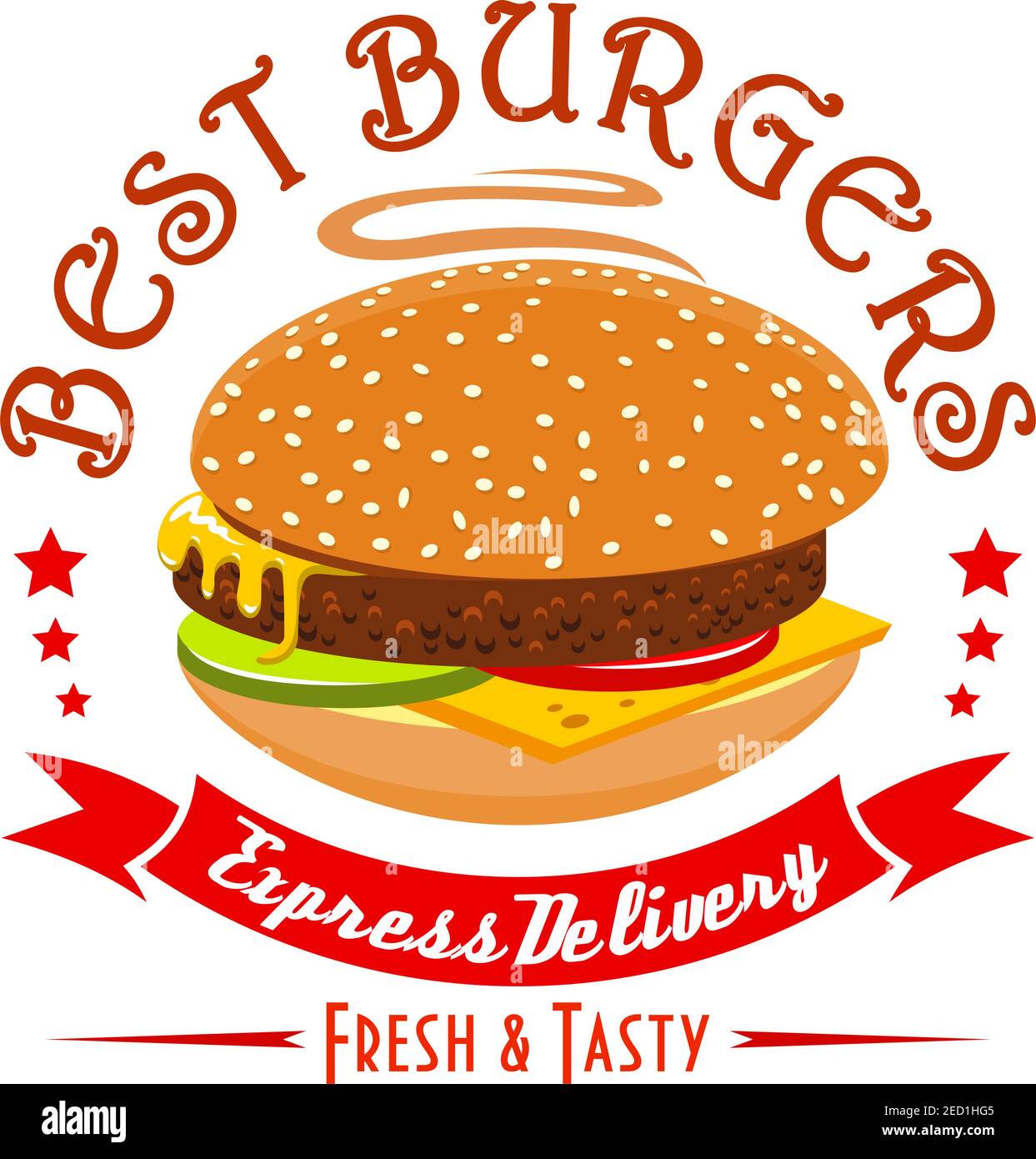 Emblema Burger. Etichetta Best Burgers fast food. Succulenta cotoletta di carne con formaggio, verdure e panna croccante. Icona di disegno del nastro rosso per la scheda di menu di fast food, Illustrazione Vettoriale
