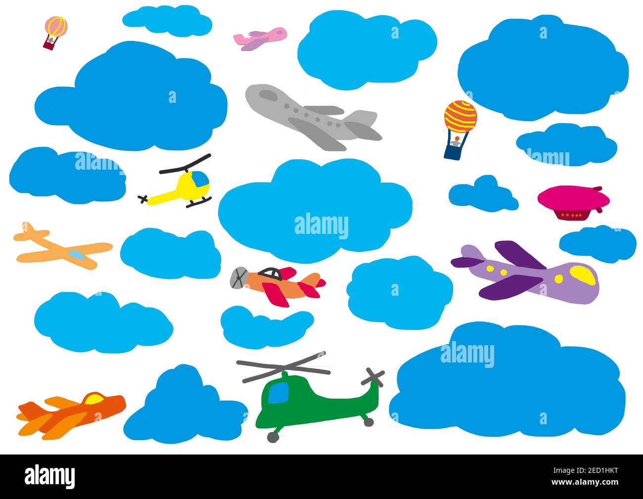 Illustrazione ingenua, disegno bambini, cielo nuvoloso con diversi aerei, Austria Foto Stock