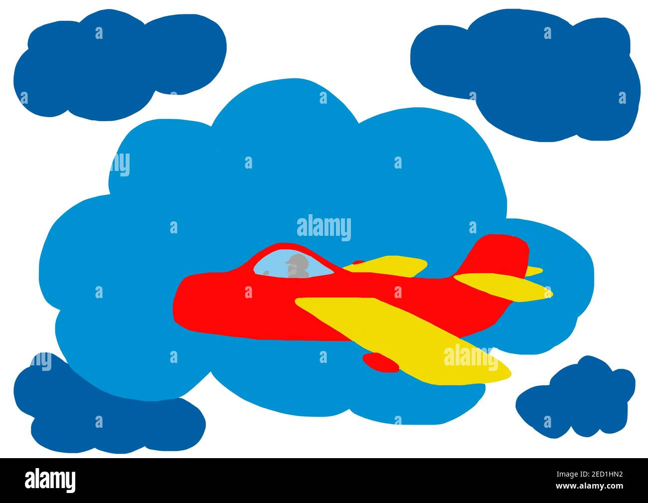 Illustrazione ingenua, disegno bambini, aereo in cielo nuvoloso, Austria Foto Stock