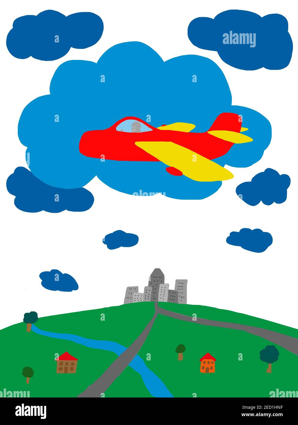 Illustrazione ingenua, disegno di bambini, aereo in cielo nuvoloso guardando la terra, Austria Foto Stock