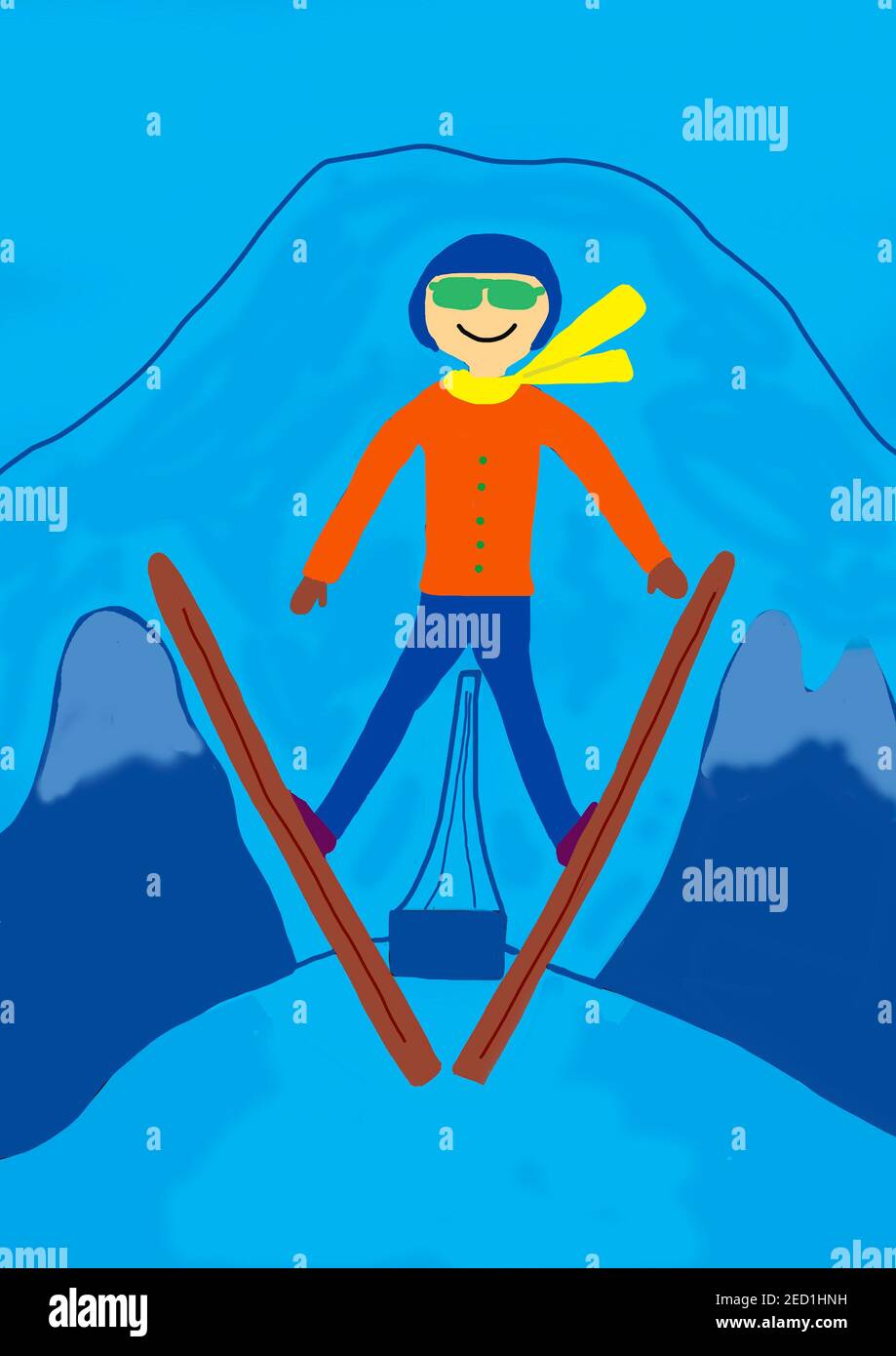 Illustrazione ingenua, disegno bambini, jumper sci galleggia in aria, Austria Foto Stock