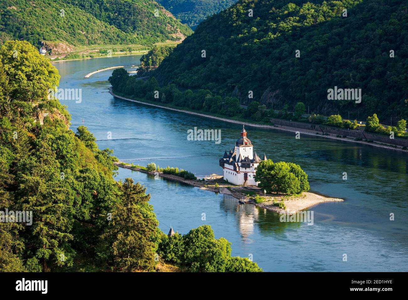 Visualizza castello Pfalzgrafenstein nel Reno, anche Pfalz vicino Kaub, Kaub, Renania-Palatinato, Germania Foto Stock