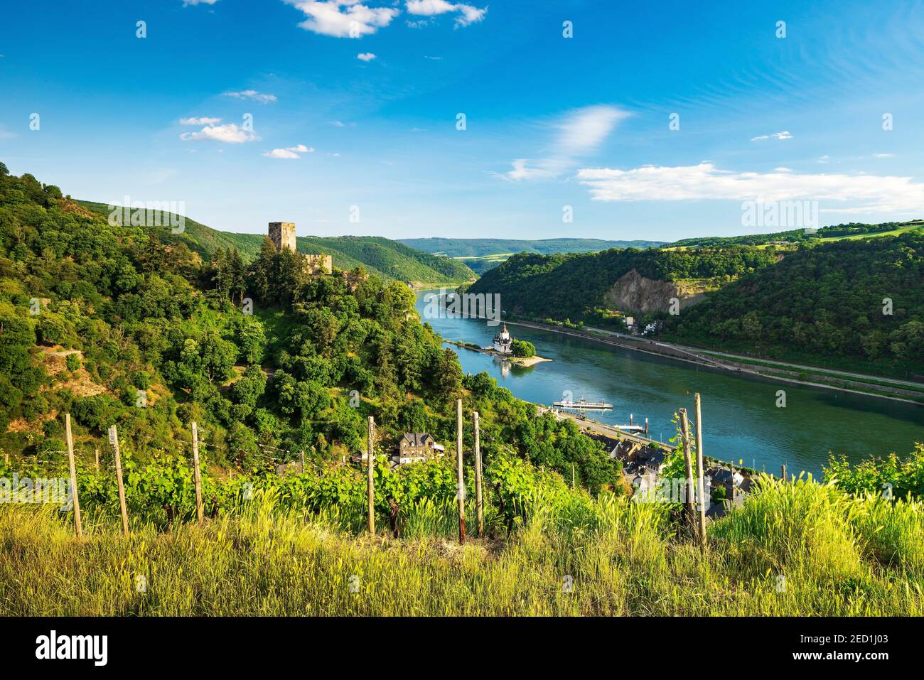 Vista del Castello di Gutenfels sul Reno, sul retro Castello di Pfalzgrafenstein, Kaub, Renania-Palatinato, Germania Foto Stock