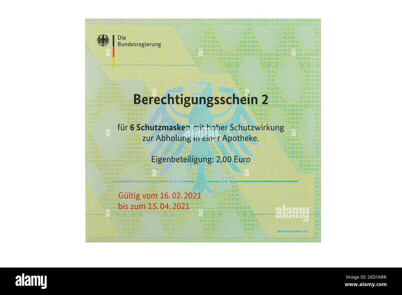 Certificato di idoneità per maschere FFP2 scontate rilasciato dal Governo Federale, Germania Foto Stock