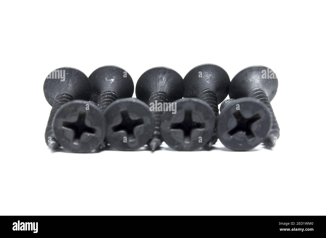 Un primo piano di viti in acciaio nero su un bianco sfondo Foto Stock