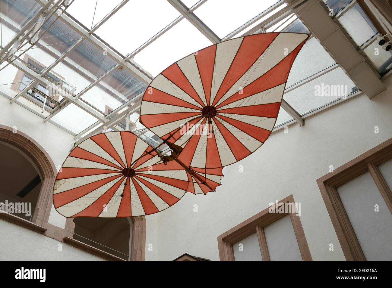 Replica del deltaplano di Albrecht Ludwig Berblinger, atrio del municipio di Ulm, Schneider von Ulm, modello, pioniere dell'aviazione, pioniere del volo Foto Stock