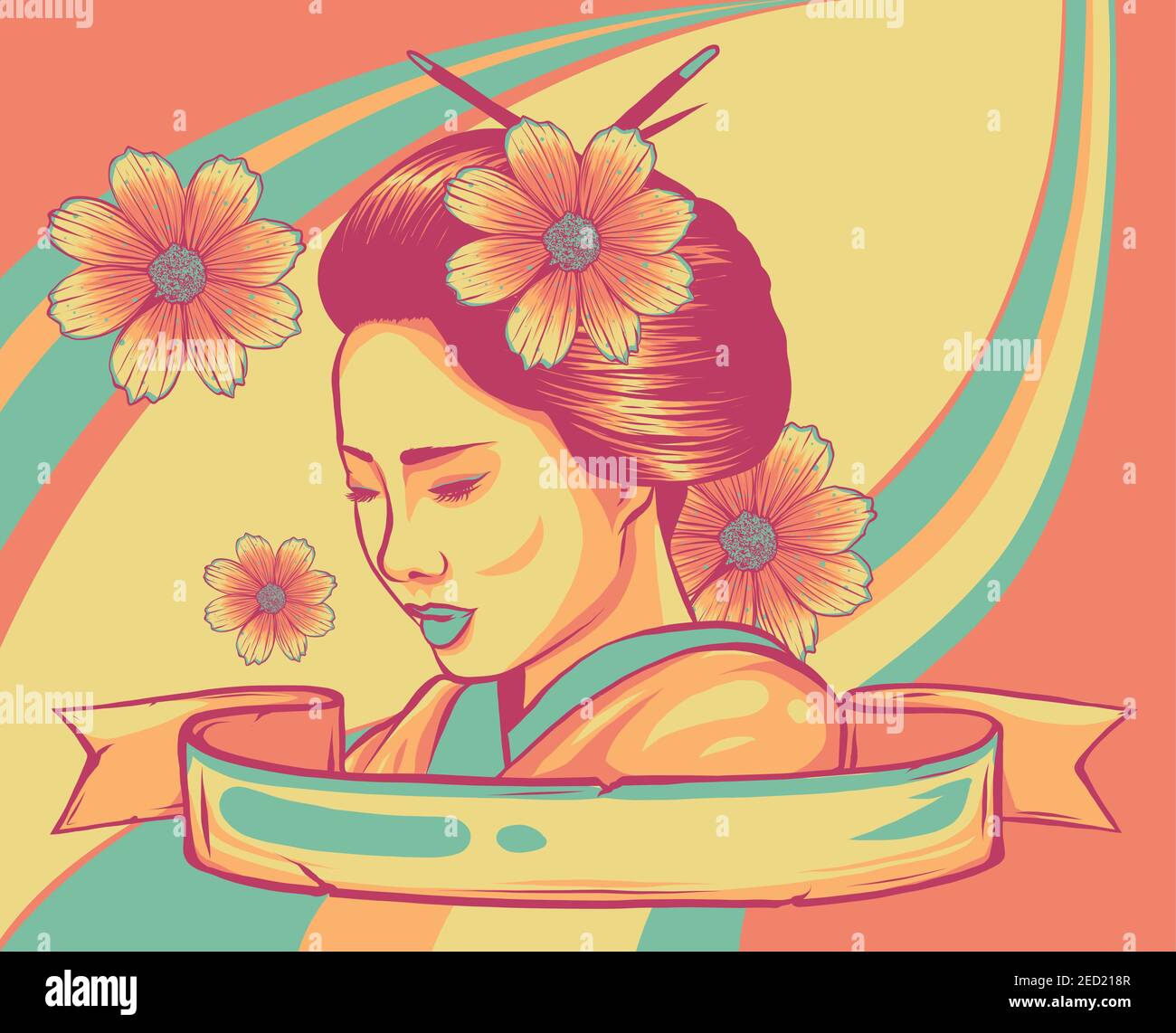 geisha tra fiore fiori disegno di illustrazione vettoriale Illustrazione Vettoriale