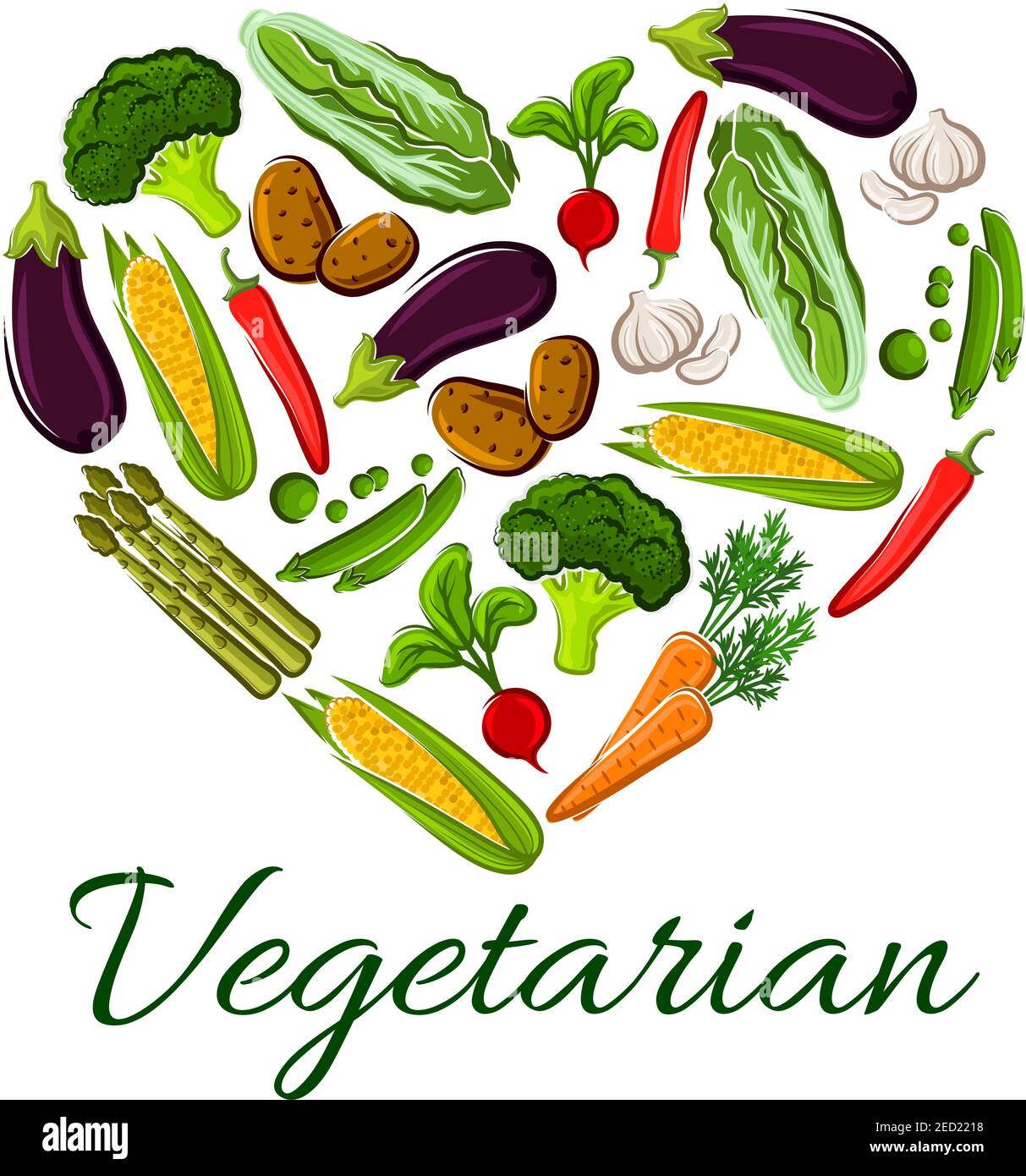 Amo il simbolo della vita vegetariana delle verdure del cuore. Emblema vegano a forma di cuore con icone vettoriali piatte di verdure fresche di fattoria cavolo, pepe Illustrazione Vettoriale