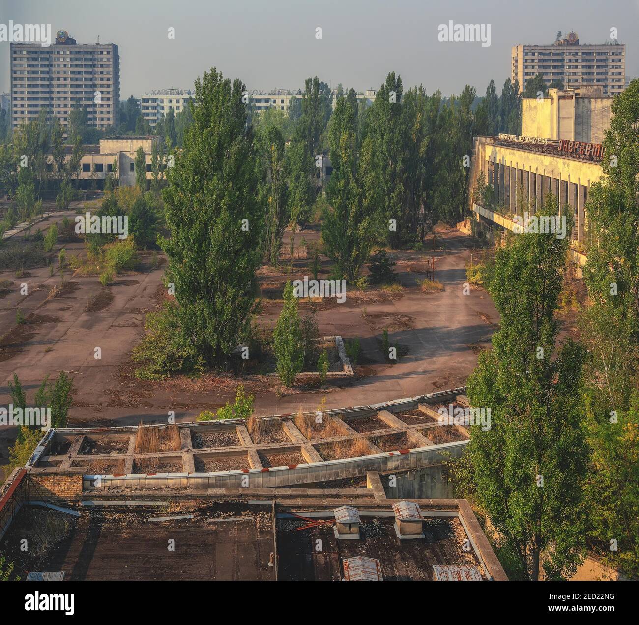 Piazza, Pripyat, luogo perduto, zona di esclusione di Chernobyl, Ucraina Foto Stock