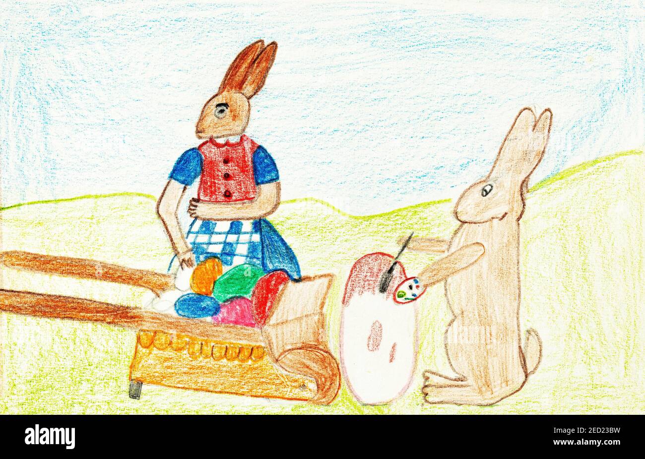 Illustrazione ingenua, disegno di bambini, coniglio di pasqua pittura un uovo di pasqua, Pasqua, Austria Foto Stock