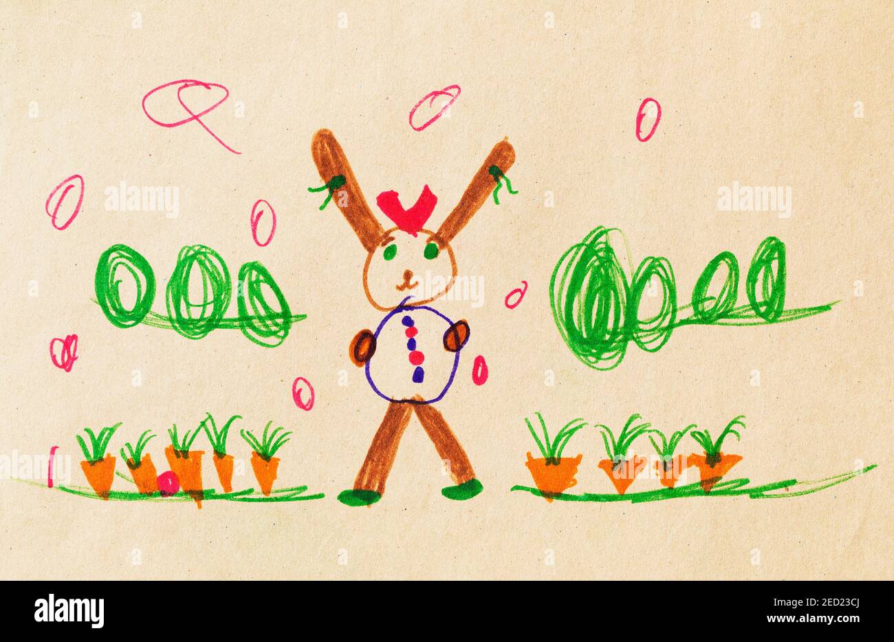 Illustrazione ingenua, disegno per bambini, coniglietto pasquale in giardino, Pasqua, Austria Foto Stock