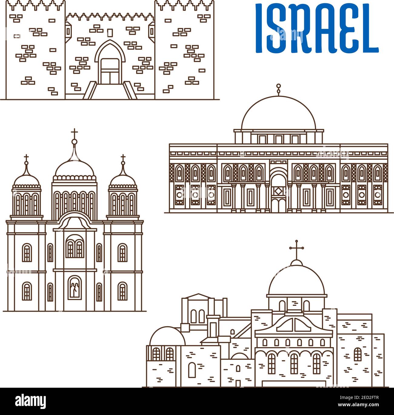 Edifici storici di Israele. Icone vettoriali a linea sottile della porta di Damasco, la Moschea di al-Aqsa, il Monastero di Ein Karem, la Chiesa del Santo Sepolcro. Spettacolo israeliano Illustrazione Vettoriale