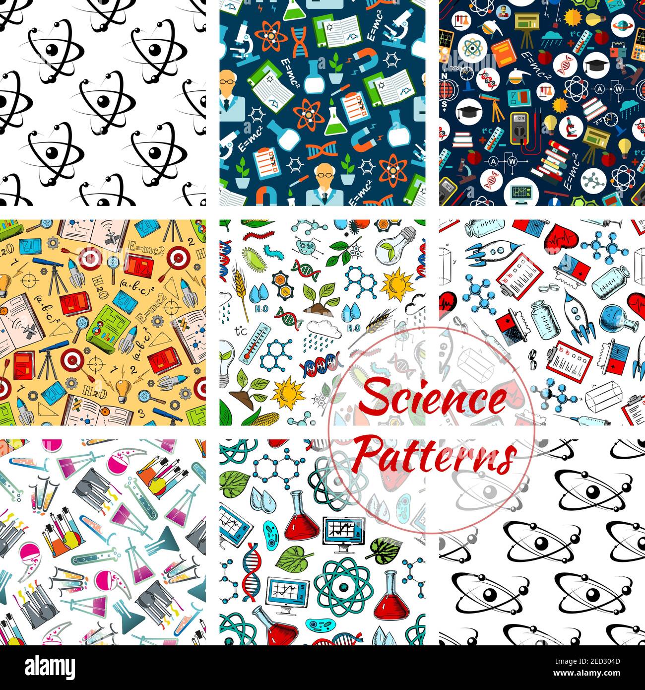 Science Vector Seamless Patterns Set di cancelleria, atomo e formula, microscopio e telescopio, dna, sostanze chimiche, sostanza e gene, molecola e globo Illustrazione Vettoriale