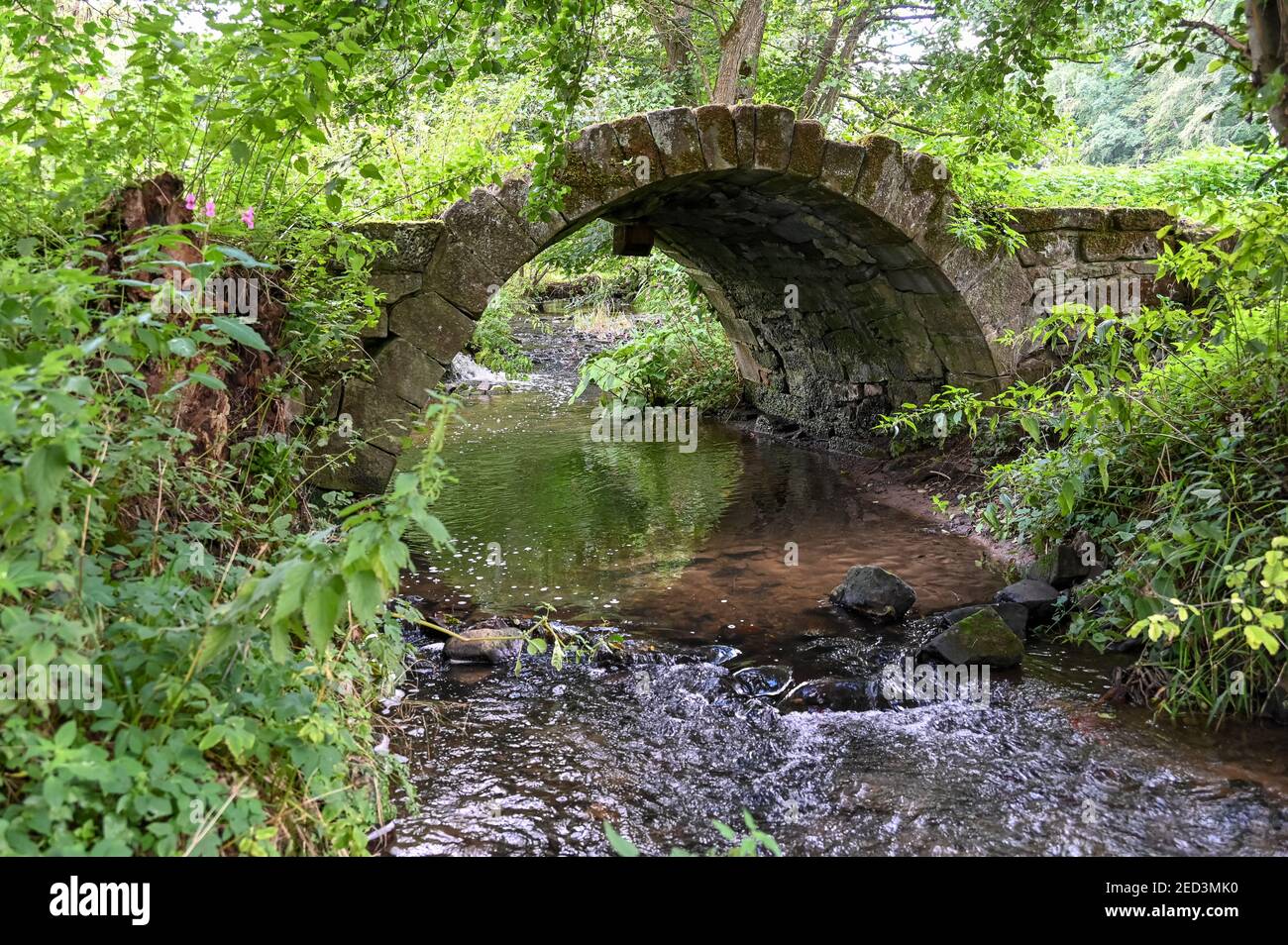 Un vecchio ponte medievale in pietra su un fiume Foto Stock