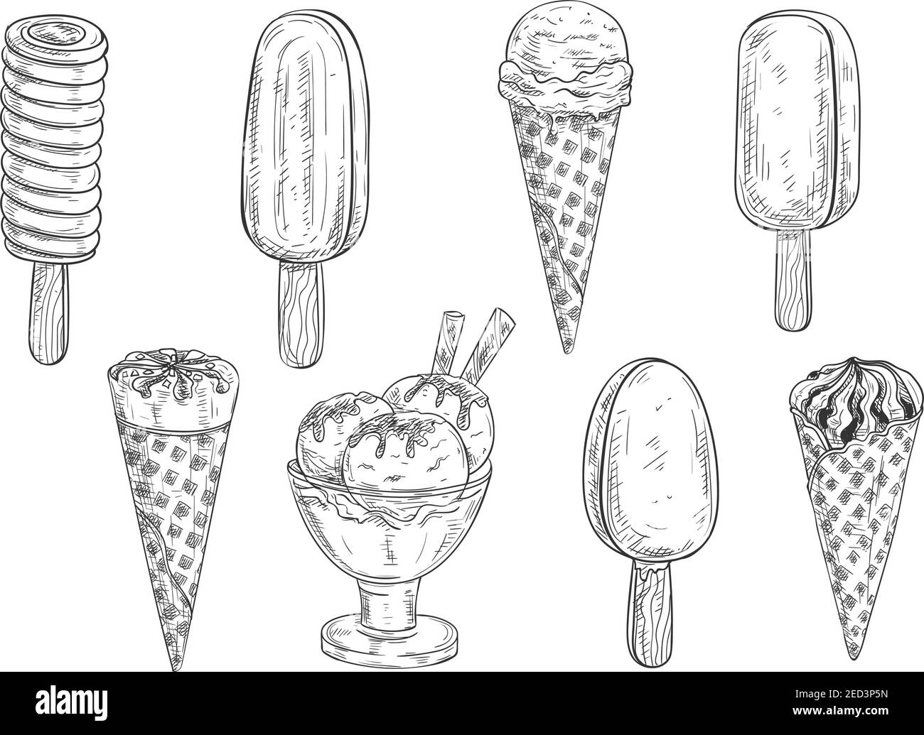 Schizzo di gelato. Scoop isolati di gelato vettoriale in recipiente di vetro, torta eskimo in glassa di cioccolato, sundae in cono di wafer, ghiaccio di frutta surgelato per mensa, Illustrazione Vettoriale