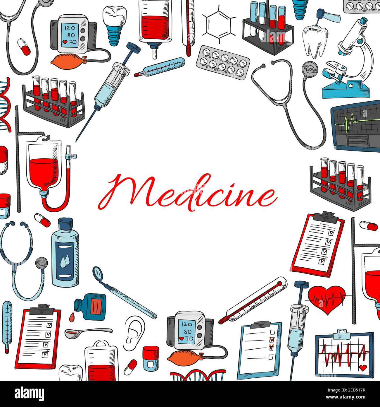 Poster degli strumenti medici e della medicina. Vector medico trattamenti, pillole e farmaci, polmoni e organi cardiaci, DNA al microscopio, polmoni ai raggi X, unm Illustrazione Vettoriale