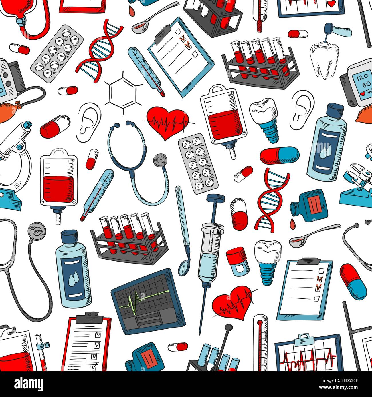 Strumenti medici e schema di medicina. Vettore senza soluzione di continuità di oggetti medici, medico, pillole, farmaci, polmoni, microscopio, cuore, sangue e dna, raggi X, Illustrazione Vettoriale