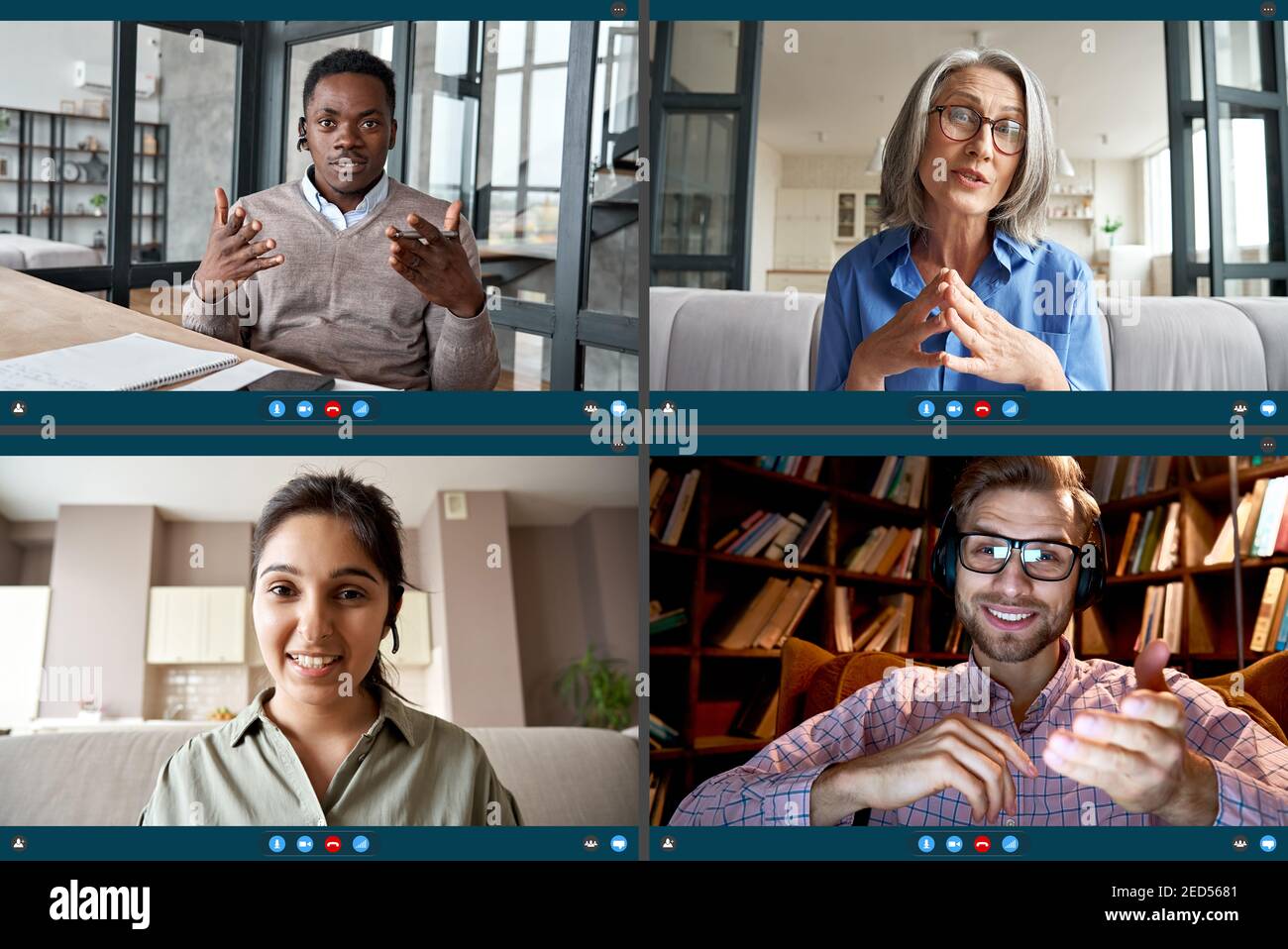 Quattro persone diverse partecipano alla riunione virtuale del team in videoconferenza. Foto Stock