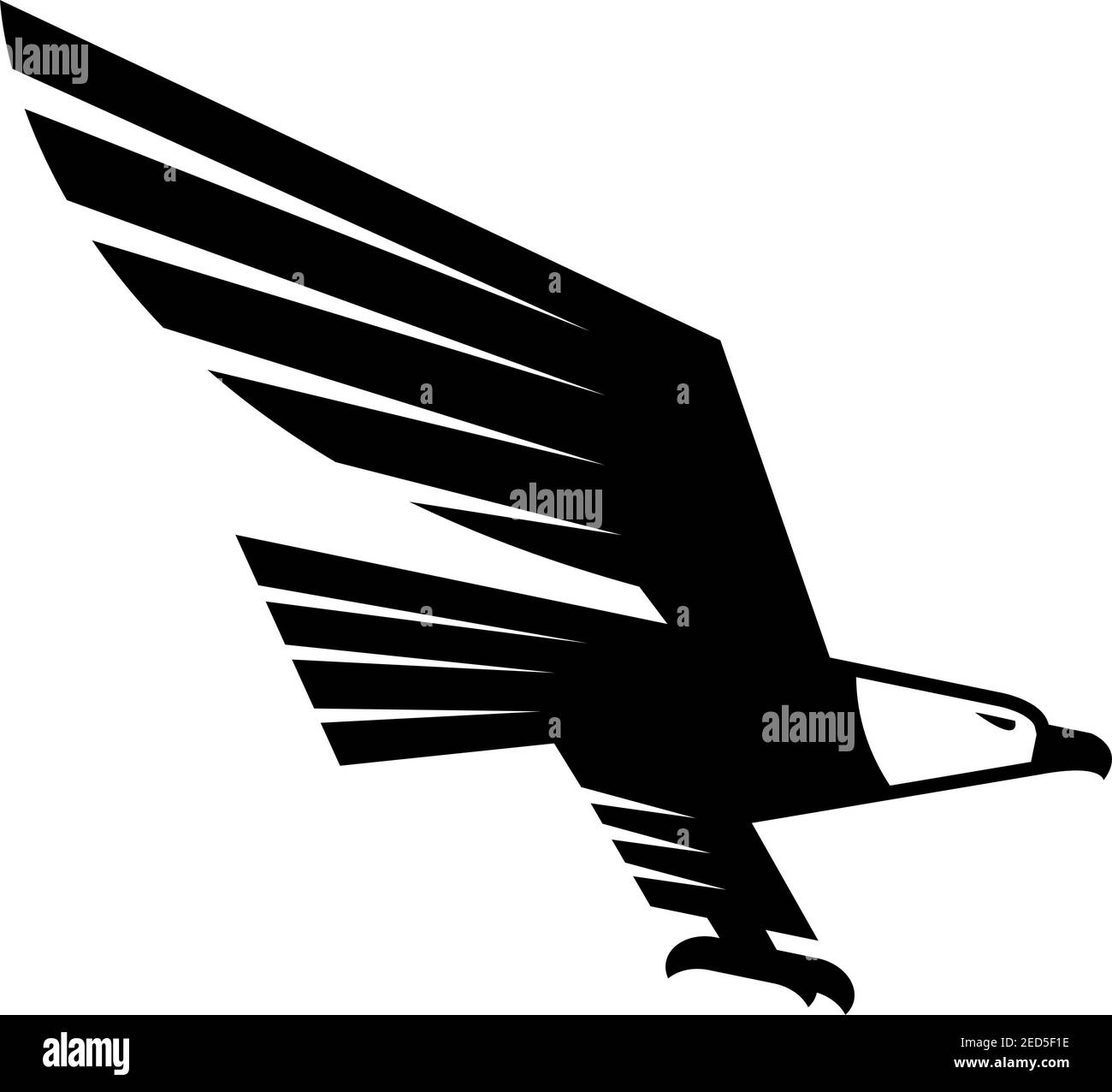 Flying Eagle cartello isolato. Simbolo vettoriale di falco nero o falco. Emblema araldico o icona di uccello predatore con ali sparse e artigli di cattura per Illustrazione Vettoriale