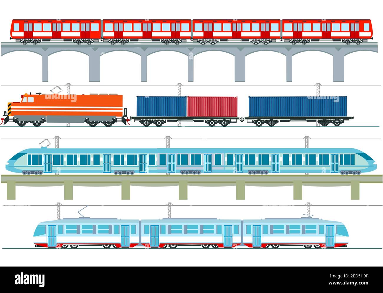 Set di moderni treni passeggeri, metropolitana, treni ad alta velocità e metropolitana, tram, cargo - illustrazione vettoriale Illustrazione Vettoriale